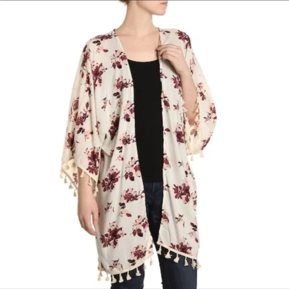 David and Young cream floral kimono with pink and maroon flowers tassel details